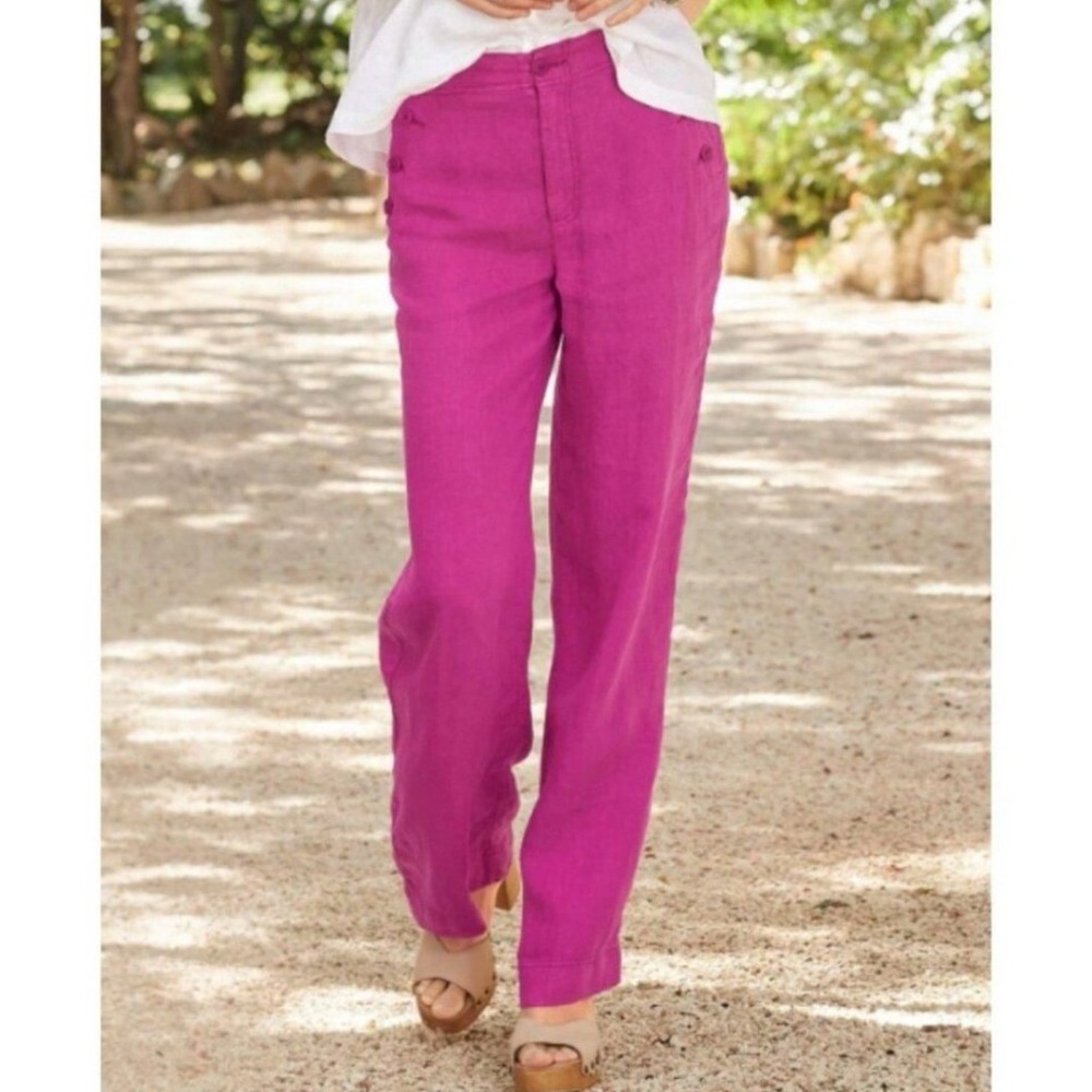 Sundance Womens Oaklee 100% Linen Pants Size 12 Pink Sailor Button Herringbone